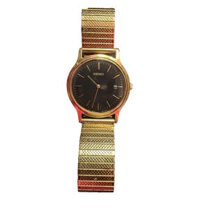 Vintage Seiko Gold Tone Quartz Watch Black Dial Date Stretch Band